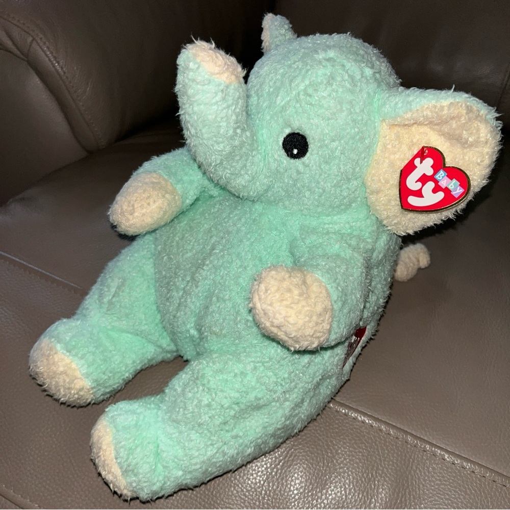 New TY BABY Mint Green Elephant Baby Stuffed Plush Rattle Toy Animal 12” Vtg2000